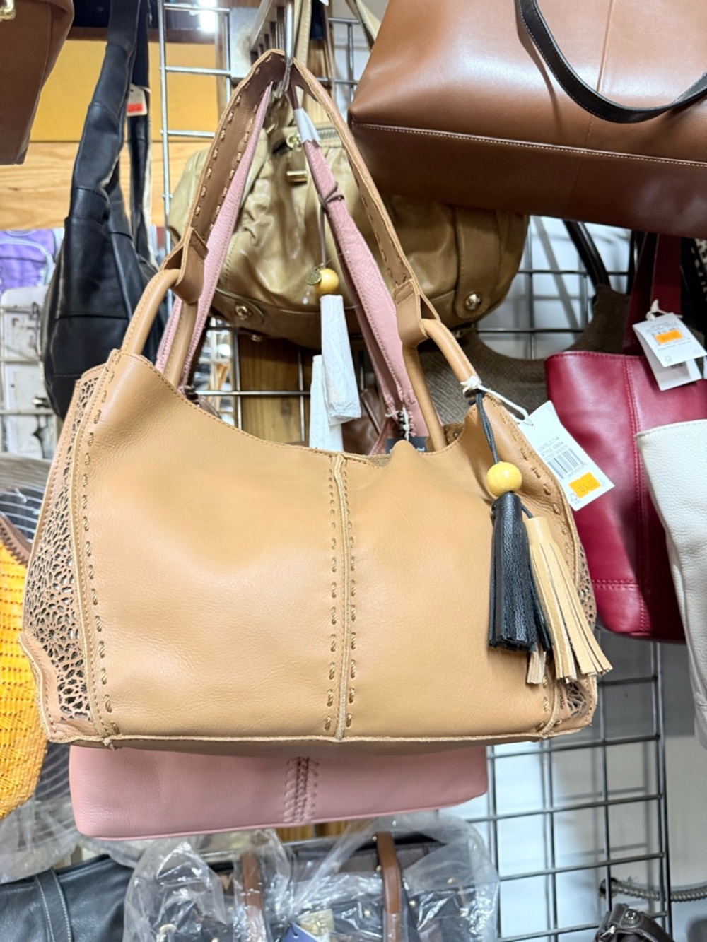 The Sak Tan Shoulder Bag with Pink Handles